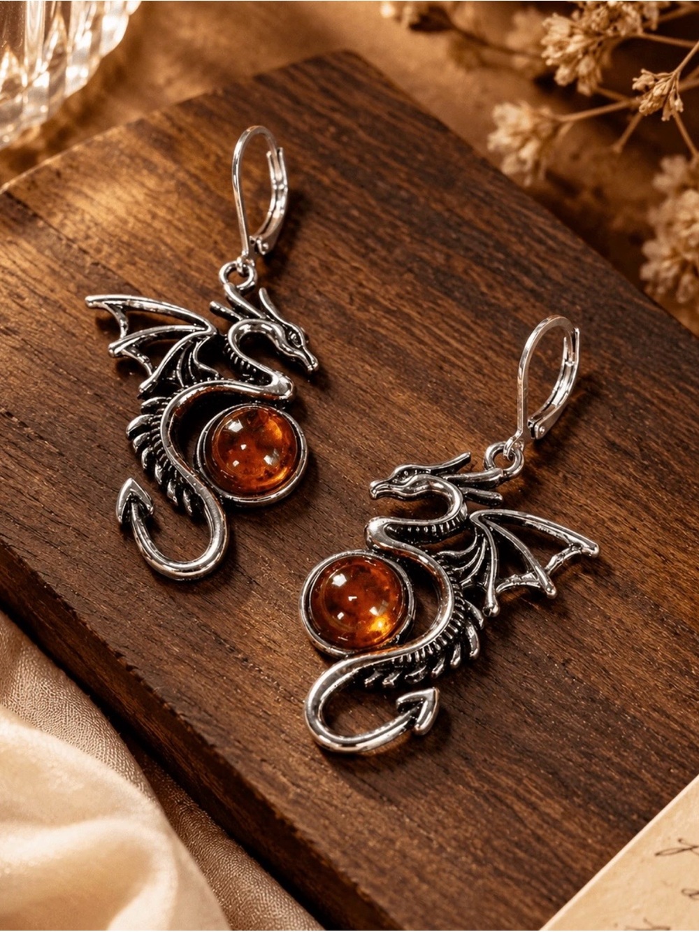 Gothic Amber Winged Dragon Dangle Earrings Silver Tone Engraved details NWT